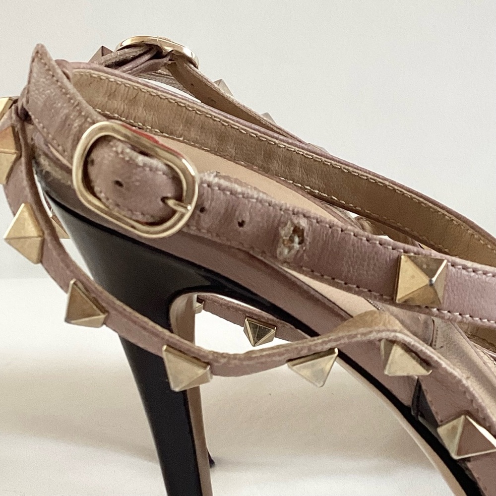 Valentino Garavani Rockstud Black/ Tan Ankle Straps Heels SZ 8.5/38.5 - Picture 7 of 11